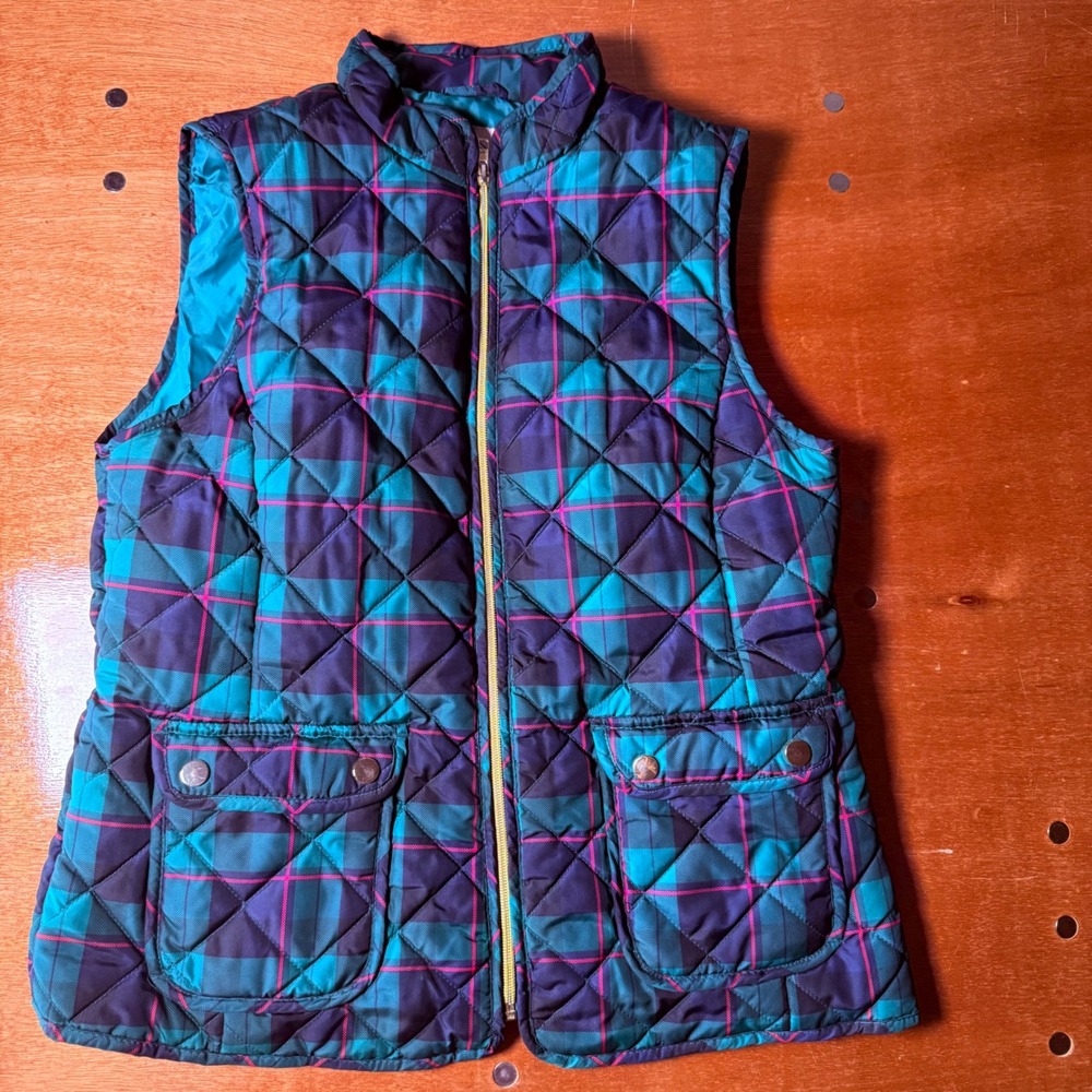 St Johns Bay Womens Medium Teal Plaid Quilted Puffer Vest Zip Front Polyester